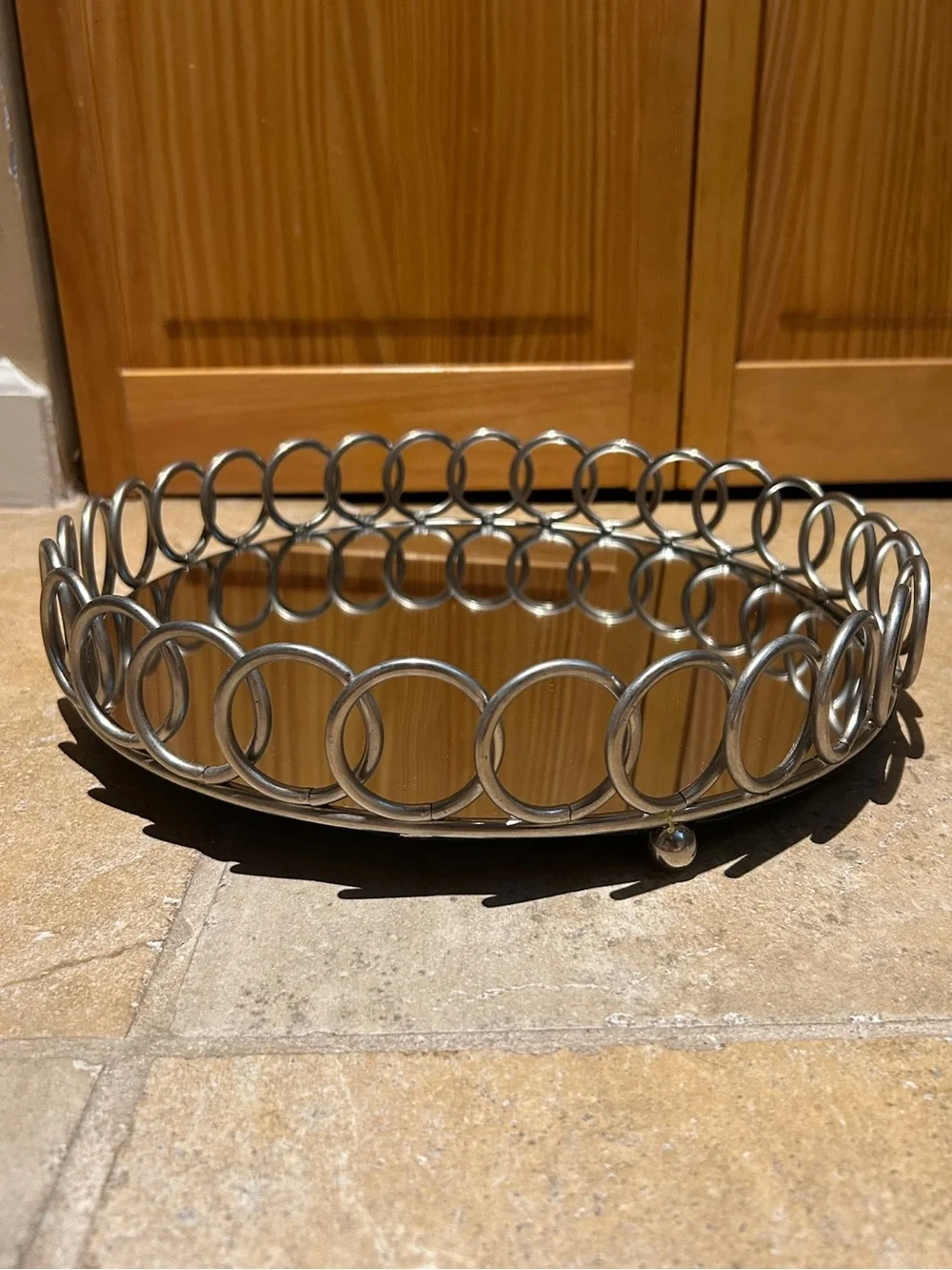 American Atelier Round Silver Looped Mirror Tray,